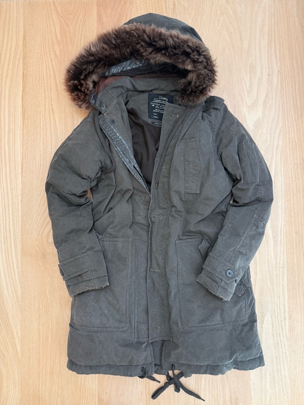 AllSaints Olive Hooded Parka with Faux-Fur Trim
